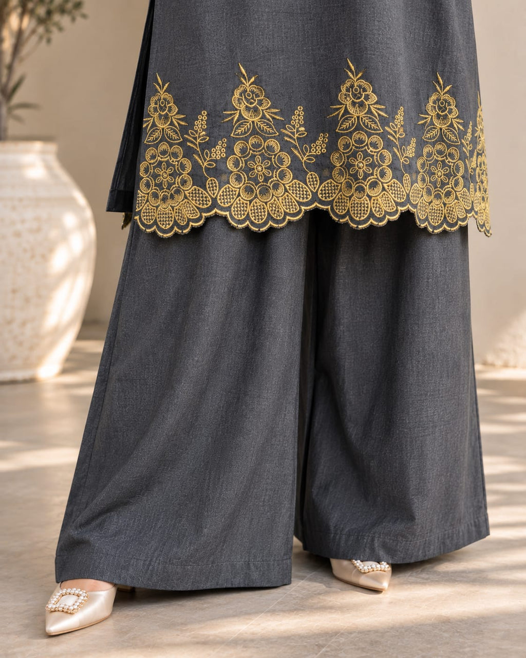Denim Embroidered  Wide-Leg Palazzo Pants Co-Ord Set