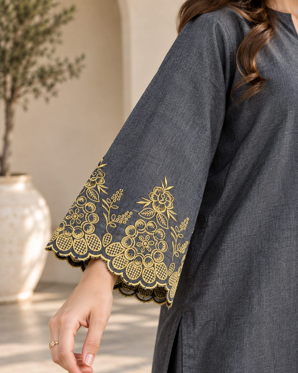 Denim Embroidered  Wide-Leg Palazzo Pants Co-Ord Set