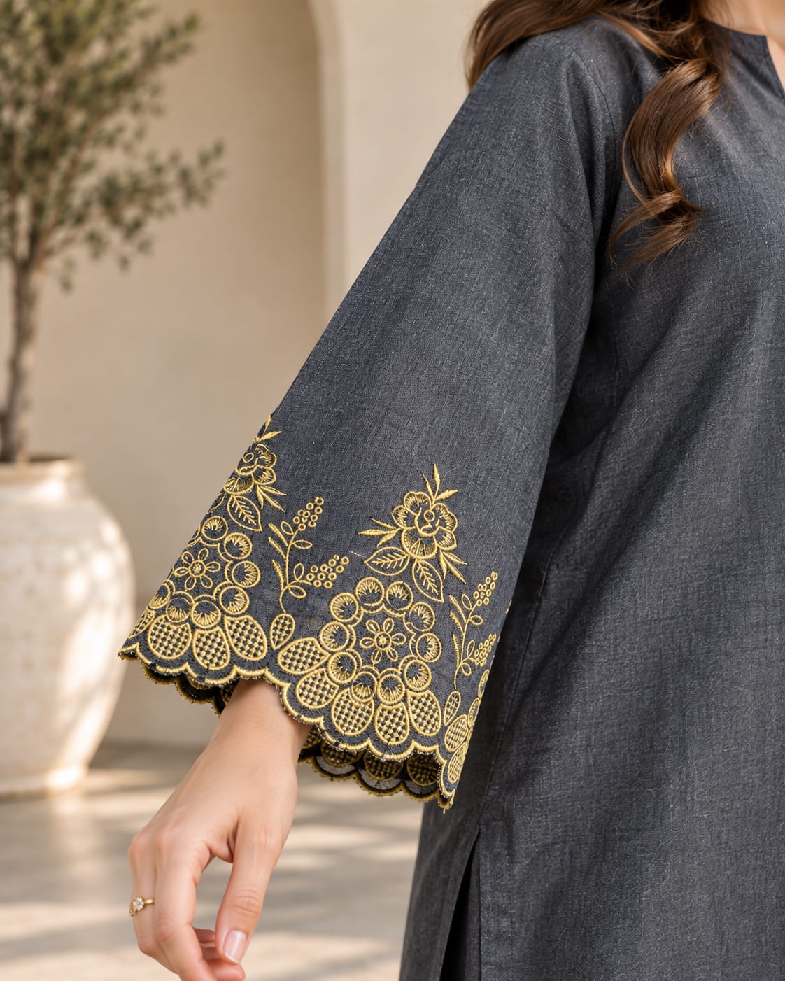 Denim Embroidered  Wide-Leg Palazzo Pants Co-Ord Set