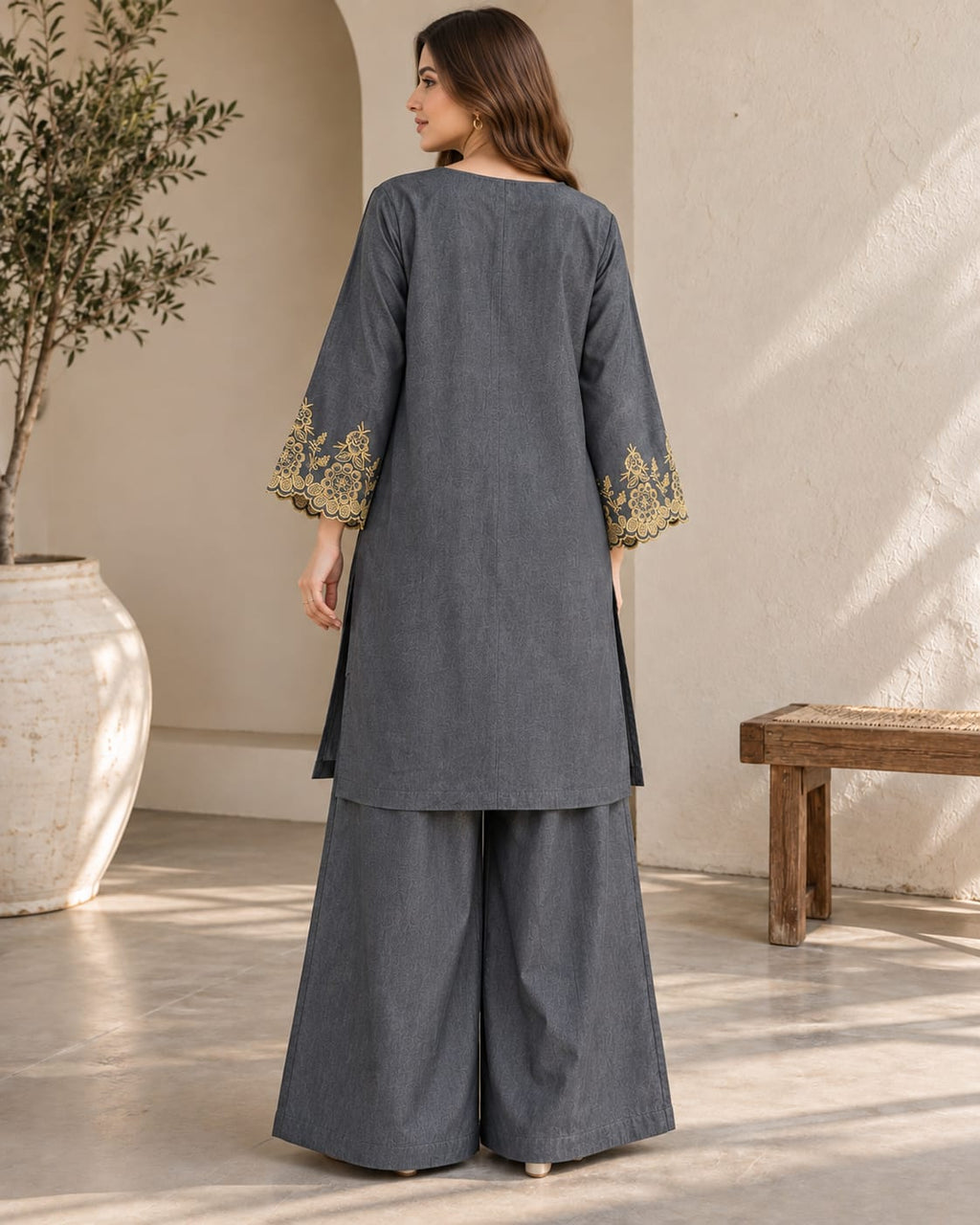 Denim Embroidered  Wide-Leg Palazzo Pants Co-Ord Set