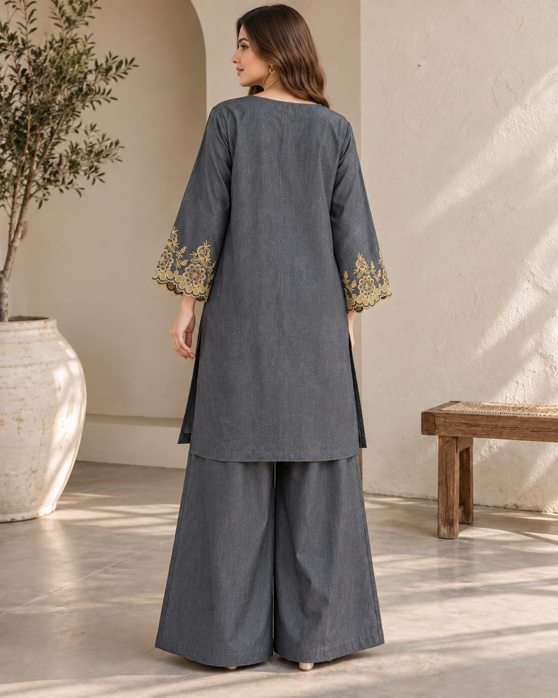 Denim Embroidered  Wide-Leg Palazzo Pants Co-Ord Set